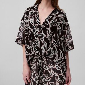 Calvin Klein Black Abstract Leaf Print faux wrap blouse